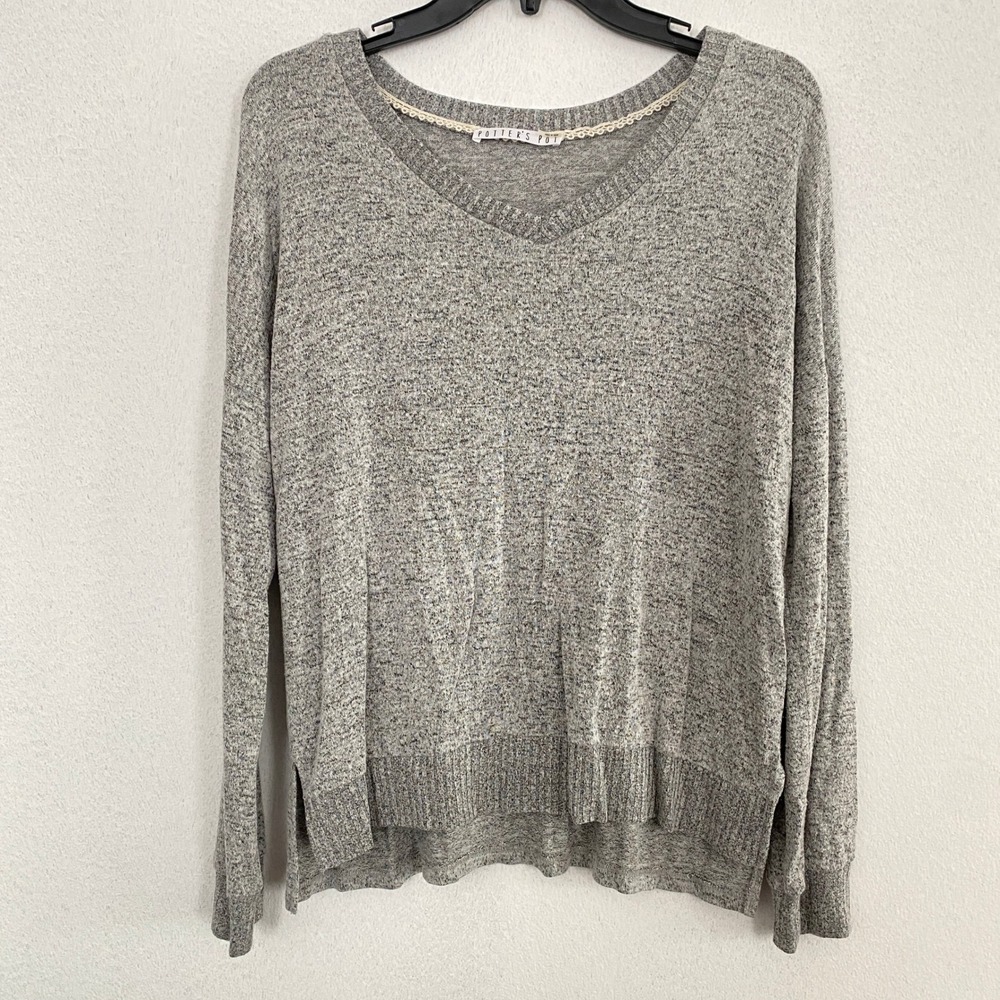 Potters Pot Gray Marled V Neck Lace Trim Long‎ Sleeve Soft Knit Sweater Top M
